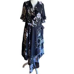 EVER NEW | Black Floral Print Wrap Dress Ruffle Sleeve Ruffle Neck | Size 12